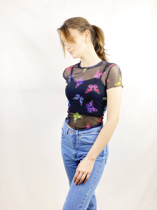 Siyah Kelebek Tül Crop Body
