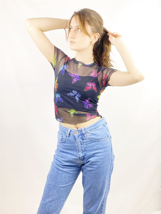 Siyah Kelebek Tül Crop Body