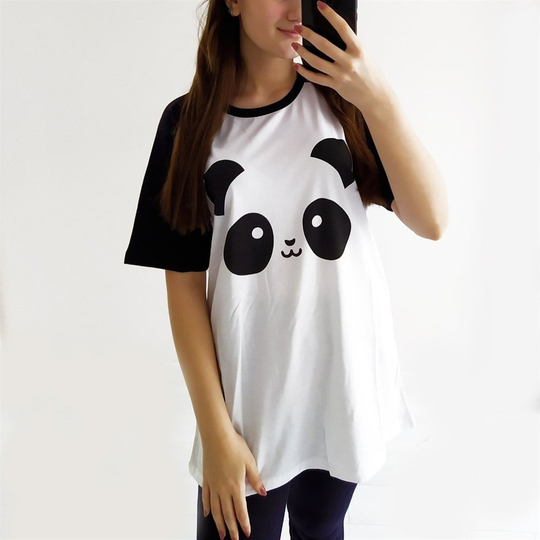 Siyah Kol Detay Panda T-Shirt