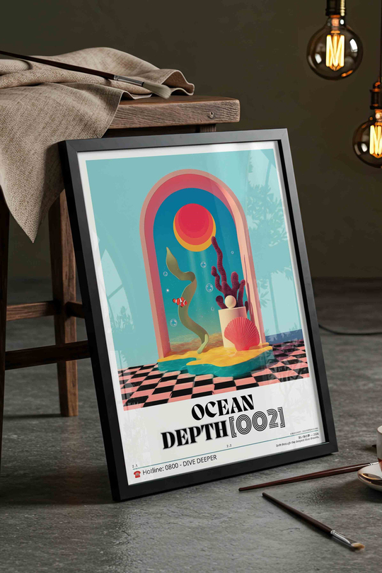 Soyut Deniz Mercan Tablosu Sürreal – Vaporwave Y2K Sanat Posteri – Siyah Çerçeveli