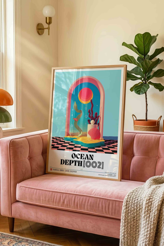 Soyut Deniz Mercan Tablosu Sürreal – Vaporwave Y2K Sanat Posteri – Ahşap Çerçeveli