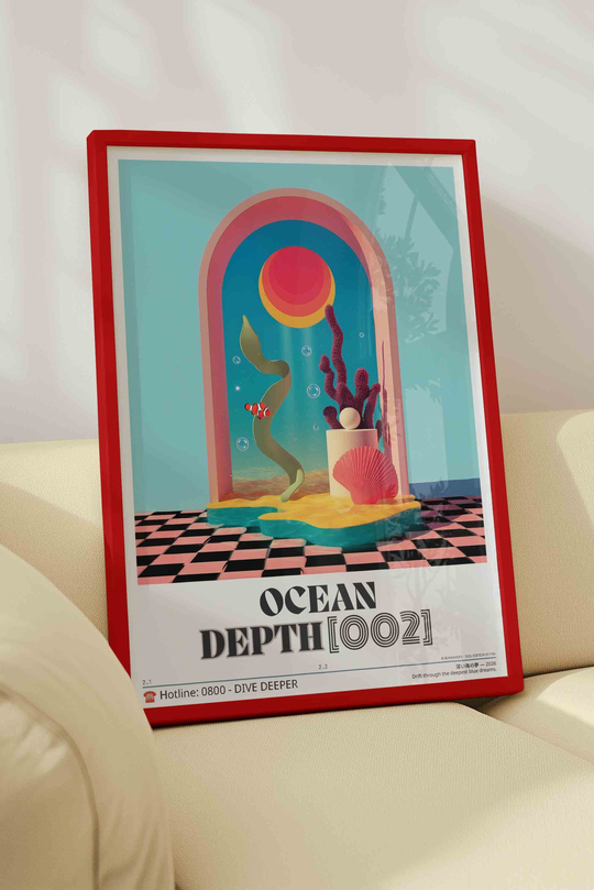 Soyut Deniz Mercan Tablosu Sürreal – Vaporwave Y2K Sanat Posteri – Kırmızı Çerçeveli