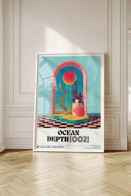 Soyut Deniz Mercan Tablosu Sürreal – Vaporwave Y2K Sanat Posteri – Beyaz Çerçeveli