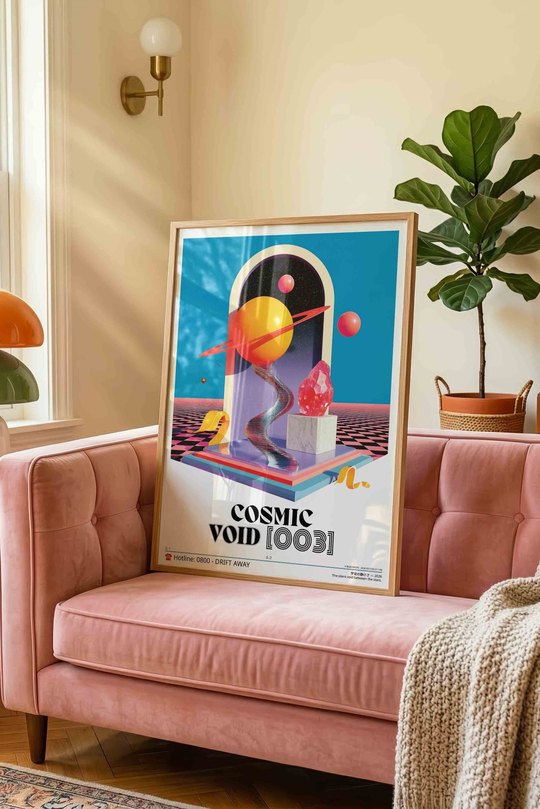 Soyut Gezegen Uzay Tablosu Vaporwave – Sürreal Y2K Sanat Posteri – Ahşap Çerçeveli