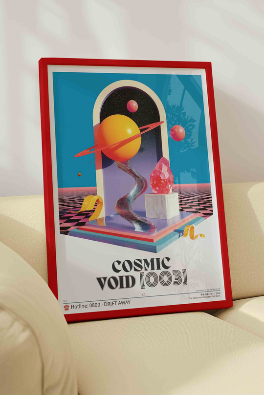 Soyut Gezegen Uzay Tablosu Vaporwave – Sürreal Y2K Sanat Posteri – Kırmızı Çerçeveli