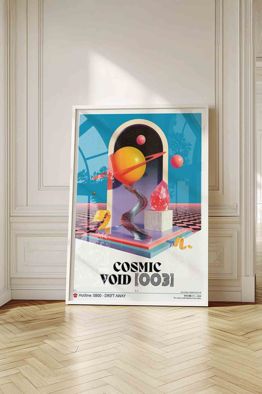 Soyut Gezegen Uzay Tablosu Vaporwave – Sürreal Y2K Sanat Posteri – Beyaz Çerçeveli
