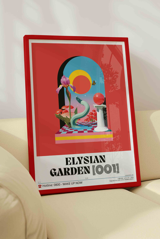 Soyut Sürreal Bahçe Çiçek Tablosu – Estetik Y2K Sanat Posteri – Kırmızı Çerçeveli