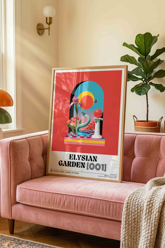 Soyut Sürreal Bahçe Çiçek Tablosu – Estetik Y2K Sanat Posteri – Ahşap Çerçeveli