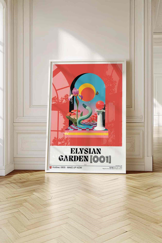 Soyut Sürreal Bahçe Çiçek Tablosu – Estetik Y2K Sanat Posteri – Beyaz Çerçeveli