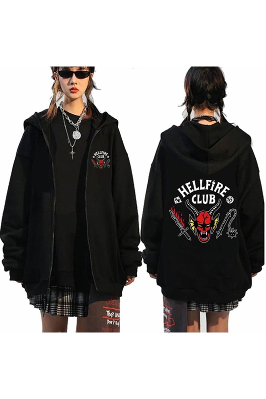 Stranger Things Hellfire Club Siyah Unisex Fermuarlı Hırka