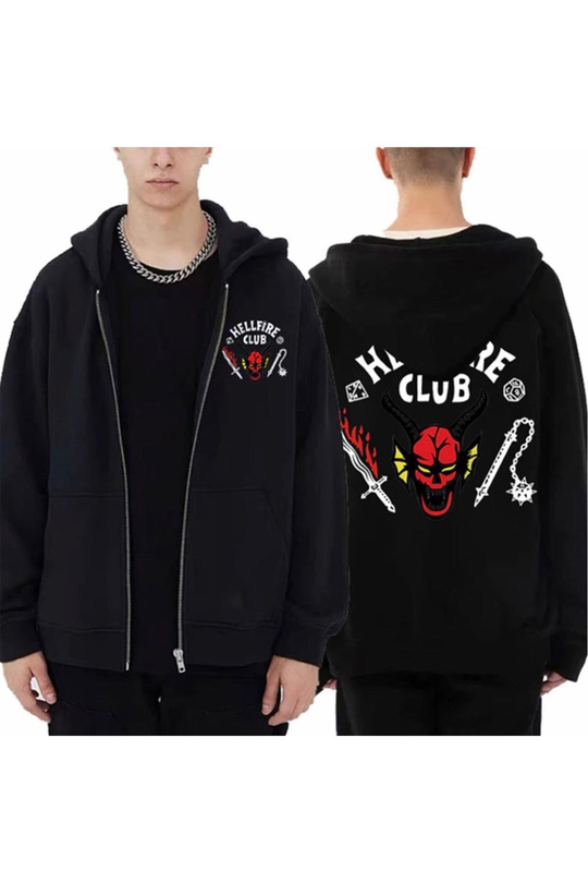 Stranger Things Hellfire Club Siyah Unisex Fermuarlı Hırka