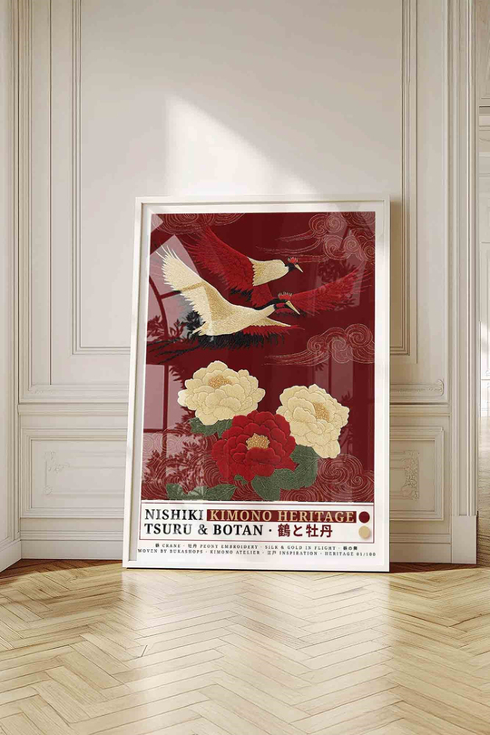 Turna Kuşu Şakayık Çiçeği Tablosu Kırmızı – NISHIKI Nakış Sanat Posteri – Beyaz Çerçeveli