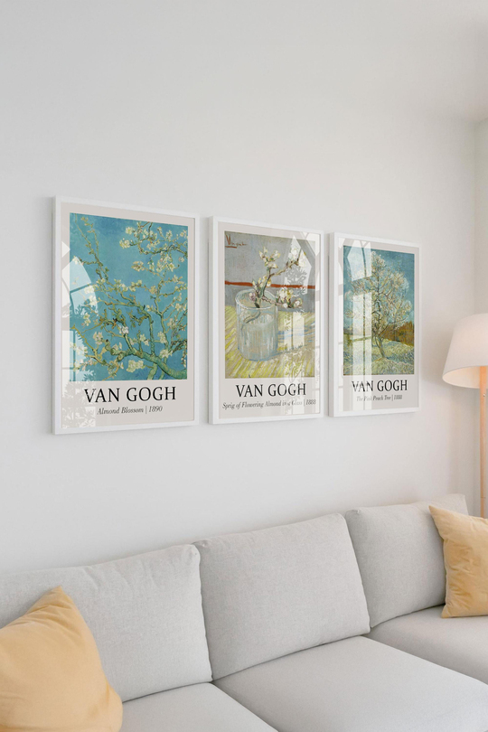 Van Gogh Badem Çiçeği Serisi 3'lü Tablo Seti Çerçeveli Renk Seçenekli