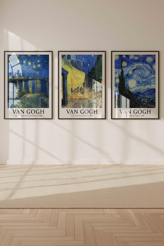 Van Gogh'un Yıldızlı Geceleri: 3'lü Sanatsal Tablo Koleksiyonu Çerçeveli Renk Seçenekli