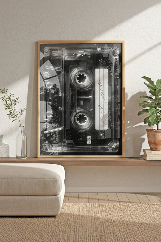 Vintage Siyah Beyaz Kaset Tablosu - Ahşap Çerçeveli Retro Müzik Posteri