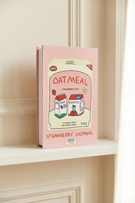 Yulaf Ezmesi Temalı Dekoratif Kitap Kutu - Pembe 'Oatmeal' Desenli Gizli Saklama Kutusu - Mutfak ve Kahvaltı Köşesi Dekoru