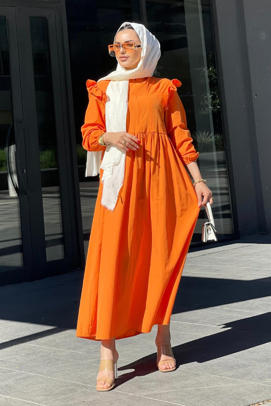 Önü Fermuarlı Kolları Fırfırlı Elbise Turuncu – Şule Giyim | Tesettür Giyim