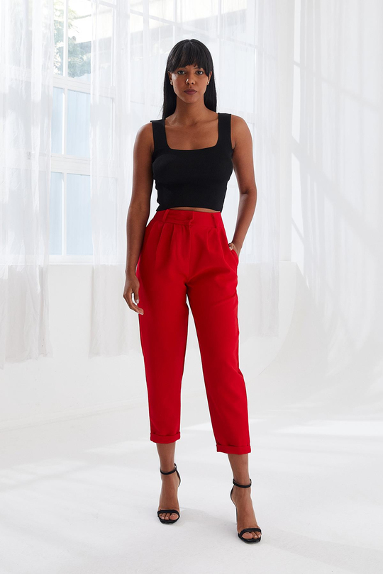 Kadın Havuç Model İnce Duble Paça Kumaş Pantolon Kırmızı