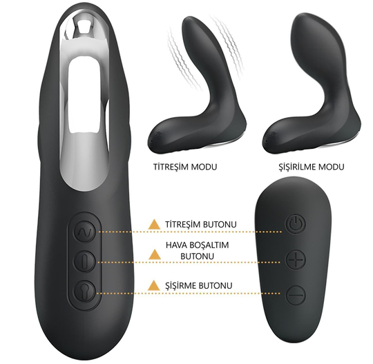 USB Şarjlı Uzaktan Kumandalı 12 Modlu Şişirilebilir Titreşimli Prostat Vibratör ve Anal Plug Siyah