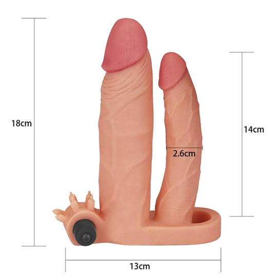 Penis KılıflarıLilituShop2,5 cm Uzatmalı Çiftli İçi Boş Titreşimli 18 cm Çatal Dildo Penis Kılıfı