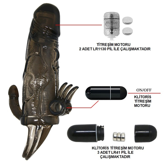 Penis KılıflarıLilituShop4 cm Uzatmalı Anal Vajinal ve Klitoral Uyarıcılı Titreşimli Penis Kılıfı