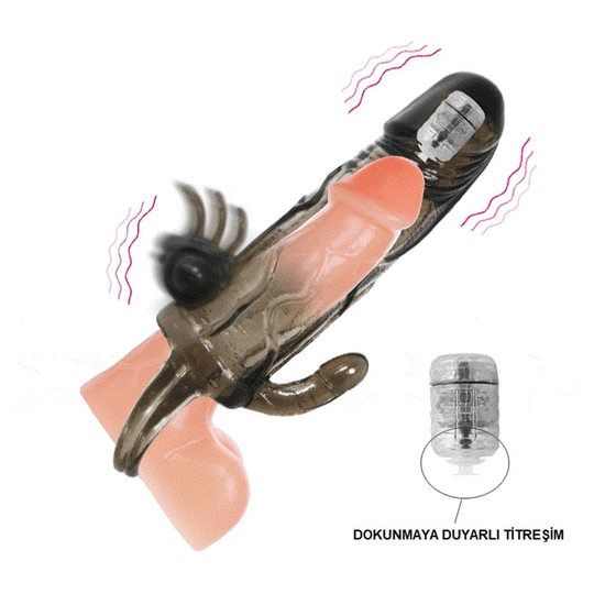 Penis KılıflarıLilituShop4 cm Uzatmalı Anal Vajinal ve Klitoral Uyarıcılı Titreşimli Penis Kılıfı