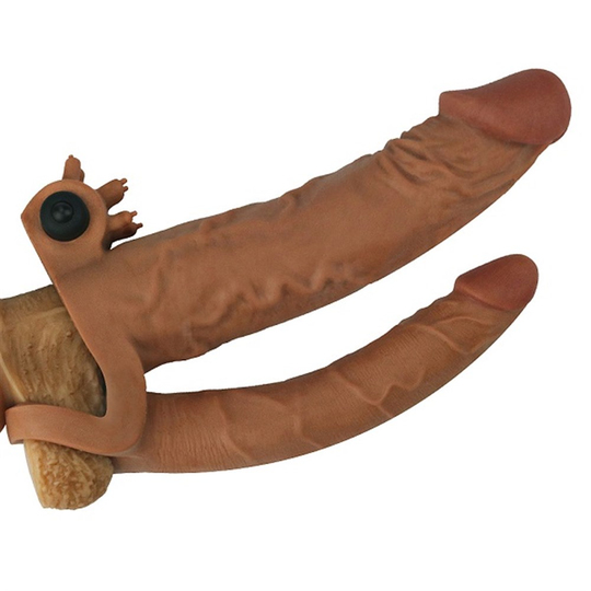 Penis KılıflarıLilituShop5 cm Uzatmalı Çiftli İçi Boş Titreşimli 19 cm Çatal Dildo Melez Penis Kılıfı