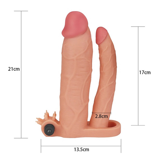 Penis KılıflarıLilituShop7,5 cm Uzatmalı Çiftli İçi Boş Titreşimli 21 cm Çatal Dildo Penis Kılıfı