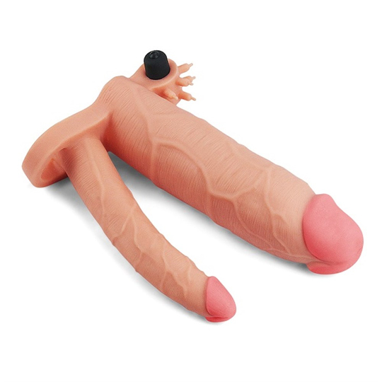 Penis KılıflarıLilituShop7,5 cm Uzatmalı Çiftli İçi Boş Titreşimli 21 cm Çatal Dildo Penis Kılıfı