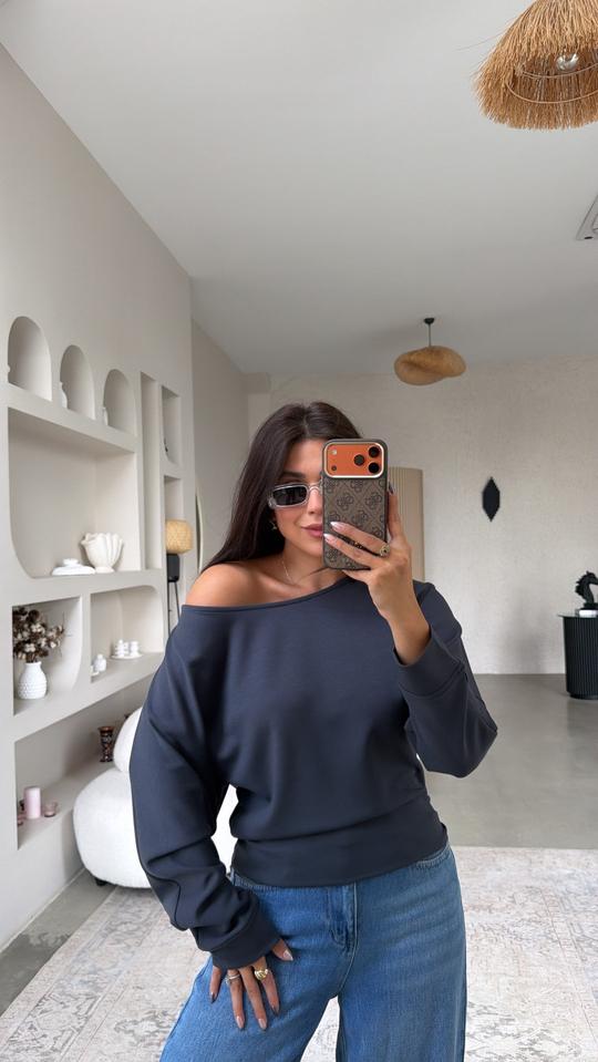 Antrasit Omzu Açık Modal Sweatshirt