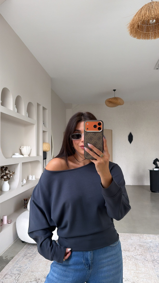 Antrasit Omzu Açık Modal Sweatshirt