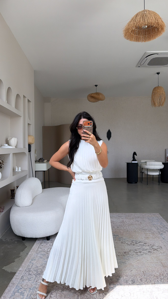 Beyaz Astarlı Pileli Maxi Premium Şans Elbise