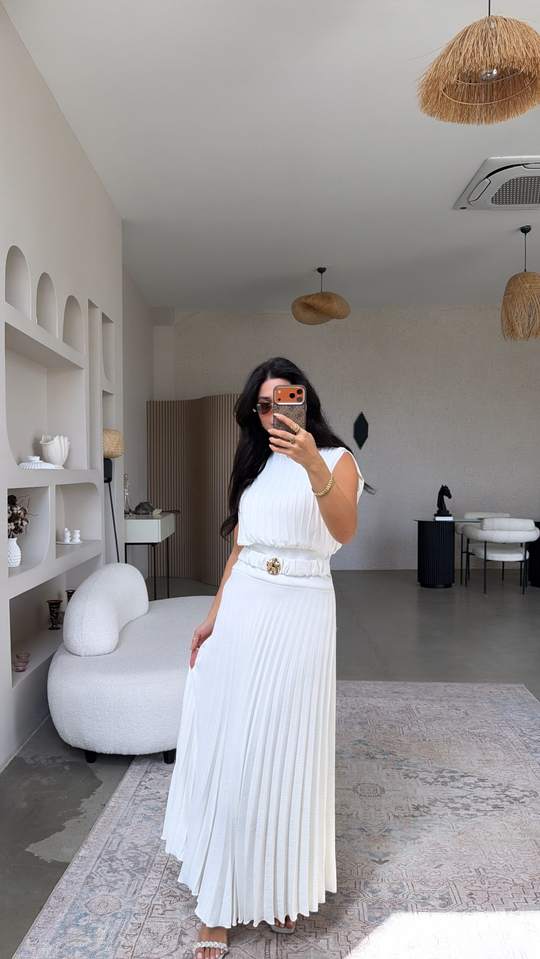 Beyaz Astarlı Pileli Maxi Premium Şans Elbise