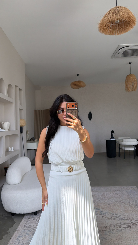 Beyaz Astarlı Pileli Maxi Premium Şans Elbise