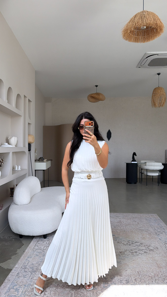 Beyaz Astarlı Pileli Maxi Premium Şans Elbise