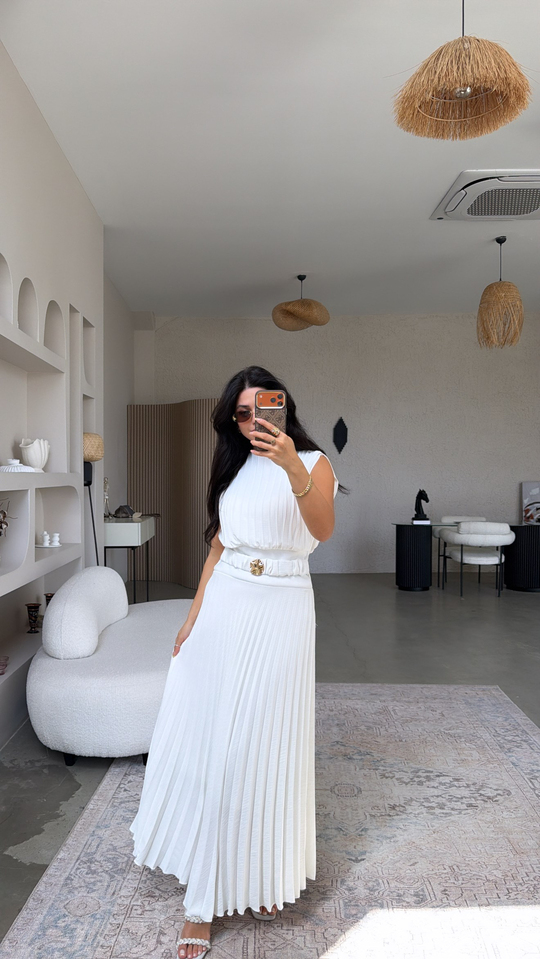Beyaz Astarlı Pileli Maxi Premium Şans Elbise