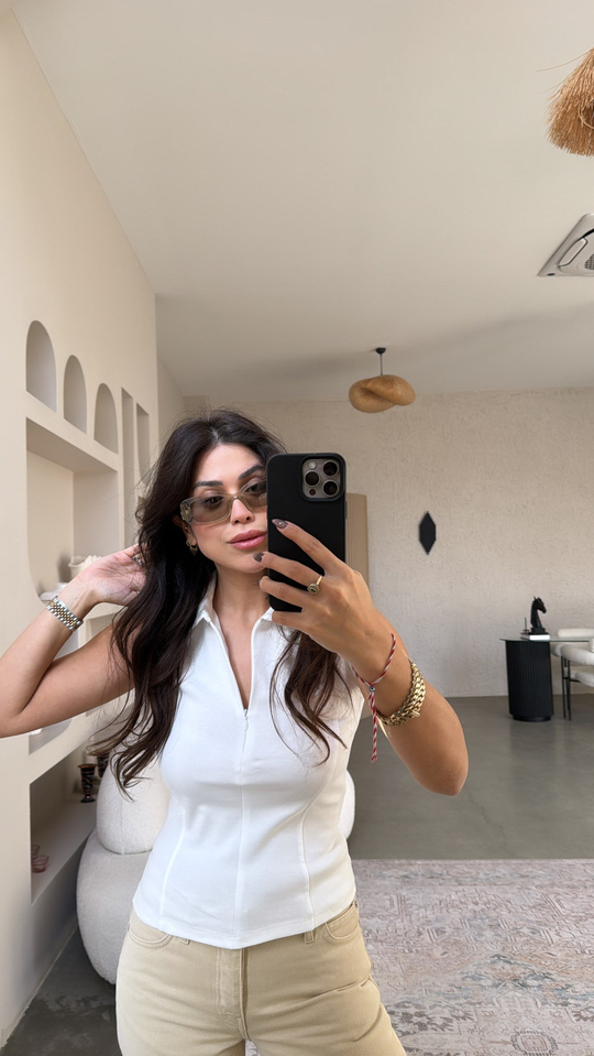 Beyaz Yakalı Fermuarlı Basic