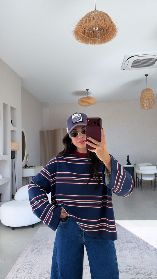 Bordo Lacivert Çizgili İki İplik Sweatshirt