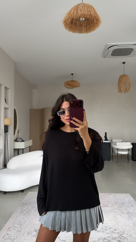 Düz Siyah Premium İnce Dökümlü Uzun Kollu Basic