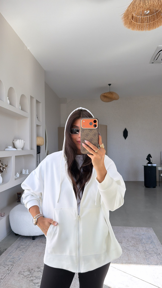 Ekru Fermuarlı Cepli Modal Hoodie