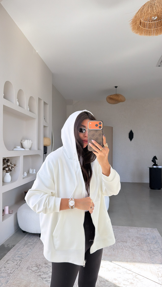 Ekru Fermuarlı Cepli Modal Hoodie