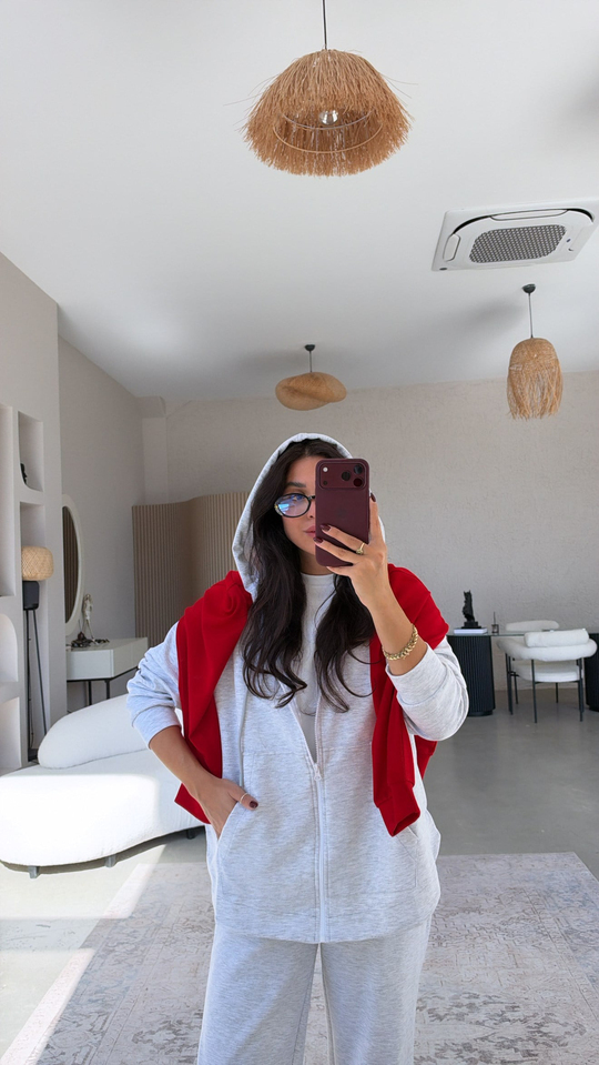 Gri Melanj Fermuarlı Cepli Modal Hoodie