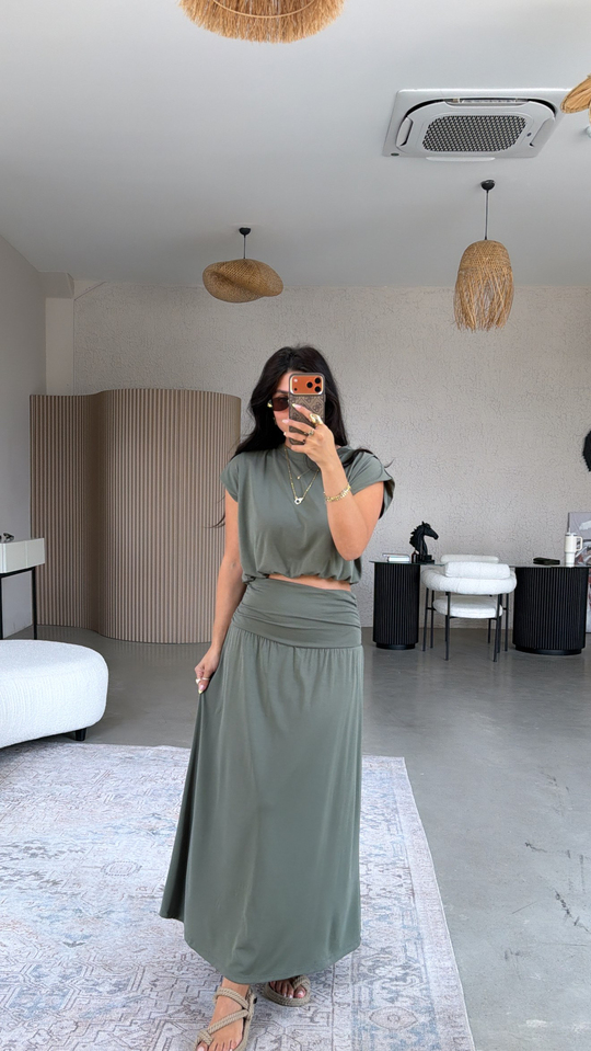 Haki Pike Modal Drape Etek Bluz Takım