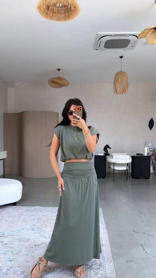 Haki Pike Modal Drape Etek Bluz Takım