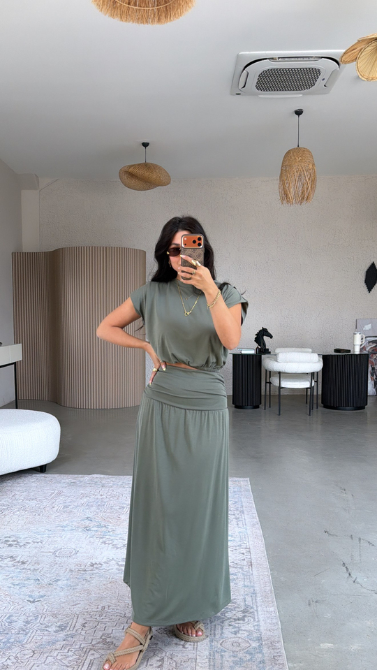 Haki Pike Modal Drape Etek Bluz Takım