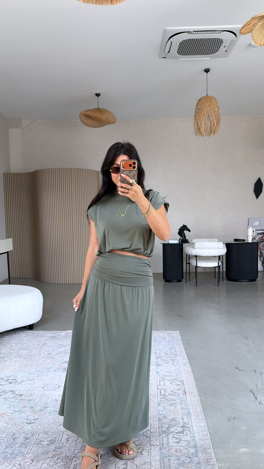 Haki Pike Modal Drape Etek Bluz Takım