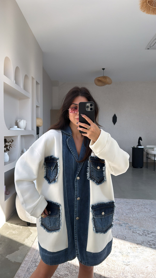 Jean Detaylı İthal Oversize Şardonlu Uzun Ceket