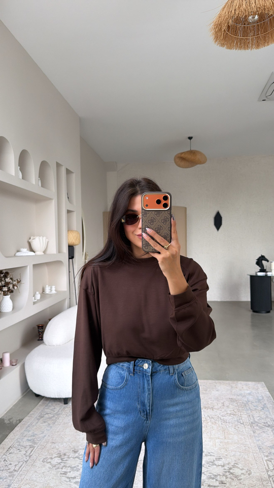 Kahverengi Bisiklet Yaka Crop Modal Basic Sweatshirt
