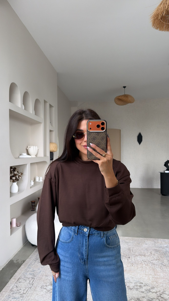 Kahverengi Bisiklet Yaka Crop Modal Basic Sweatshirt