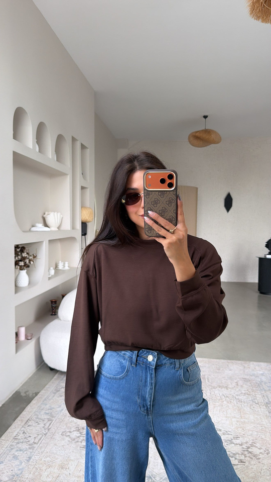 Kahverengi Bisiklet Yaka Crop Modal Basic Sweatshirt